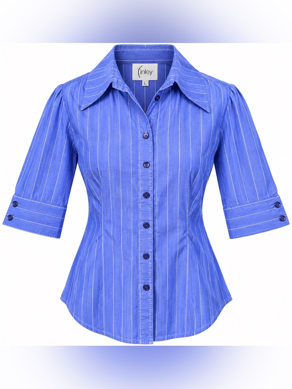 Finley Blue Pinstripe Cotton Button Down Shirt L Coastal Grandmother Preppy Top